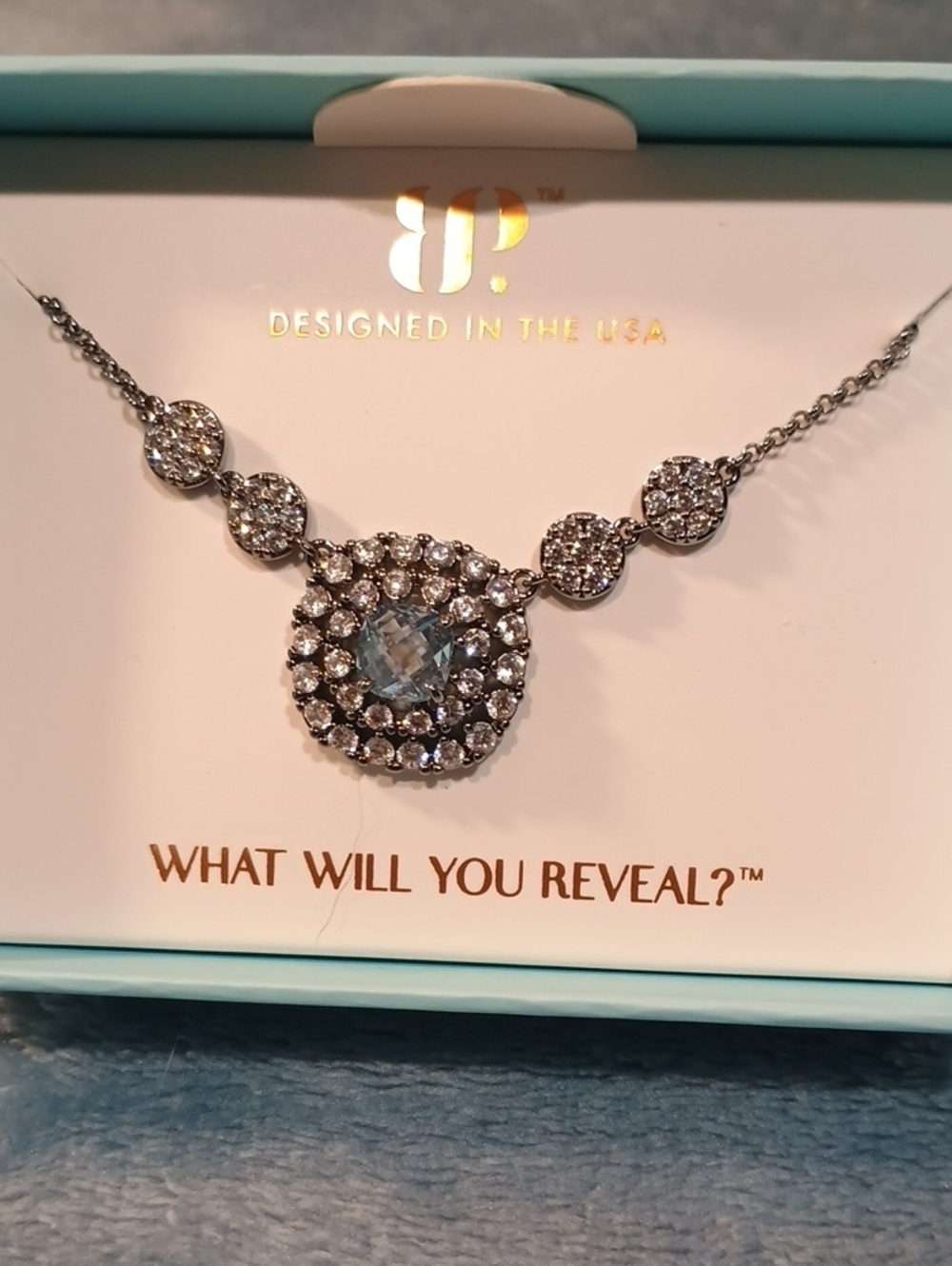bp Silver-Tone Necklace with Aqua Center and Clear Crystal Halo